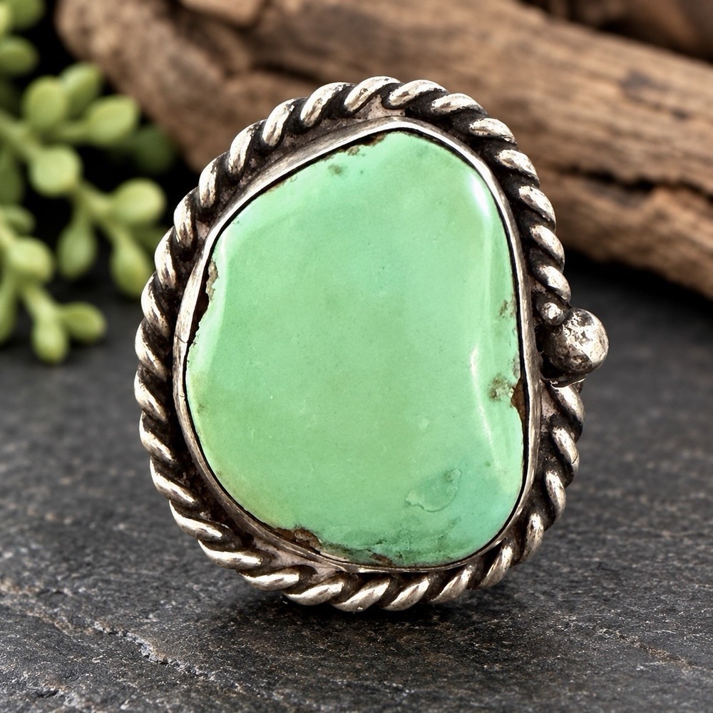 VTG Southwestern Green Turquoise Sterling Silver Ring Size 8 Split Shank 15.33g